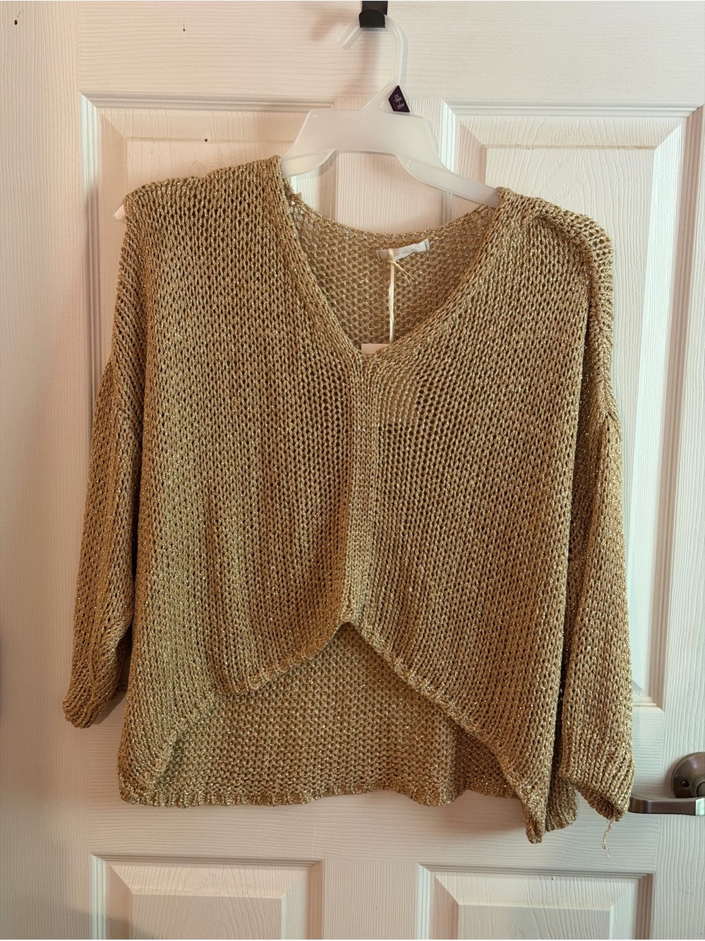 Relaxed V-Neck Open Weave Sweater in Tan